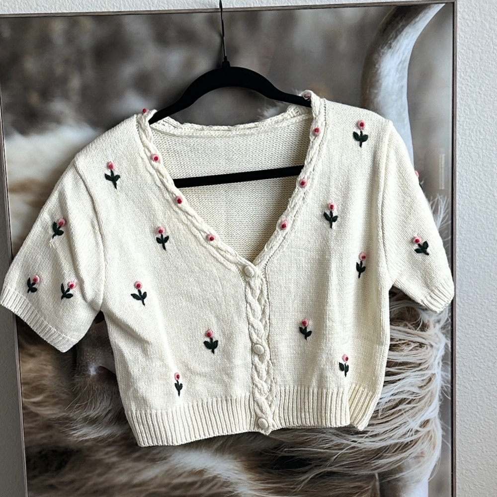 Cream Floral Embroidered Cardigan